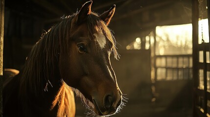 Wall Mural -   A barn with sunlight streaming through windows and a horse in the background