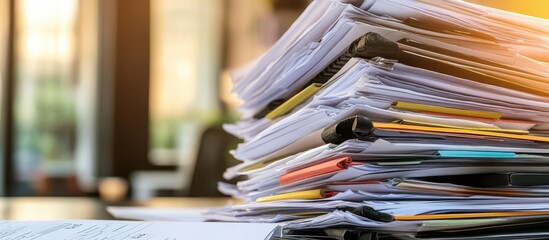 Wall Mural - Stack of Documents and Folders on Office Desk with Sunlight Streaming Through Windows