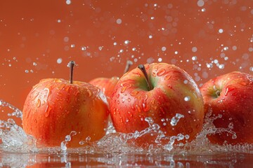 Wall Mural - ripe red apples splashed water on an orange background