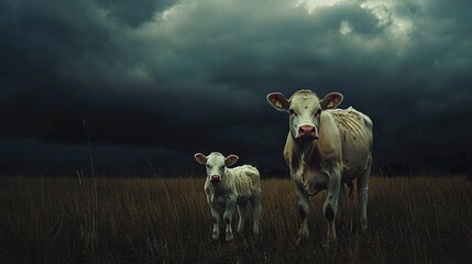 Sticker -   A mother cow and her calf stand in a field during a stormy night