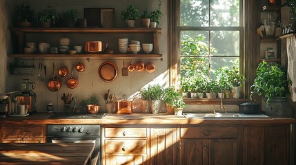 Sticker -   A spacious kitchen boasts a full array of cooking utensils - pots and pans neatly organized on a shelf, while a sleek stove-top oven and an inviting