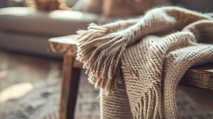 Wall Mural -   A cozy blanket rests atop a wooden bench in the living room, near a couch and coffee table