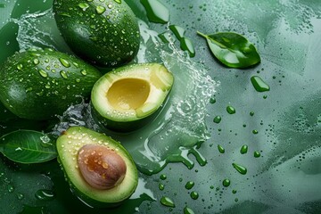 Wall Mural - Fresh avocado halves splashing in water on green background