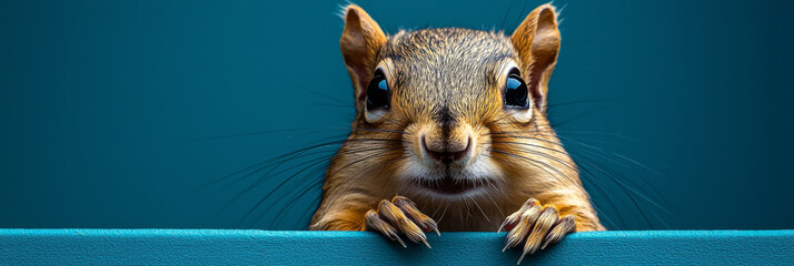 A curious squirrel peeks over a blue surface.