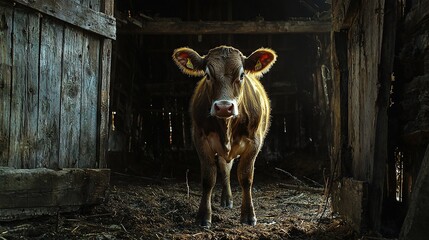 Wall Mural -   Close-up of a cow in a barn, illuminated by a bright light and facing the camera