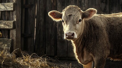 Wall Mural -   A cow stands before a wooden fence on dry grass, its coat a mix of brown and white