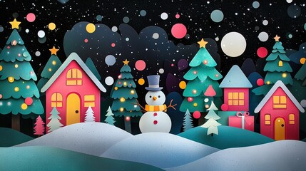 Poster -   A Christmas scene with a snowman in the foreground and houses on the other side of the snow-covered hill