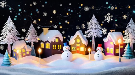 Poster -   Two snowmen stand near a home with a Christmas tree atop it