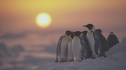 Canvas Print -   A group of penguins huddled together on a snow-covered hill during sunset