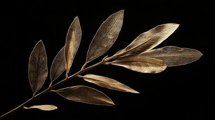 Poster -   Close-up photo of a leaf on a twig against black backdrop Light reflects off the foliage, highlighting its intricate details