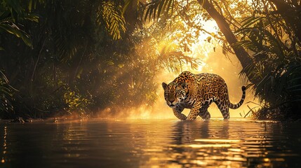 Sticker -   A leopard traverses the river alongside a lush forest brimming with greenery and towering trees