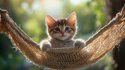 Poster -   A kitten rests in a hammock, paws on the edge, eyes fixed on the lens