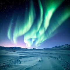 Canvas Print - A vibrant display of the aurora borealis, also known as the Northern Lights, illuminates the night sky over a snowy landscape.