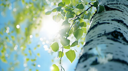 Wall Mural - Birch Tree Sunlight Green Leaves and White Bark in Summer