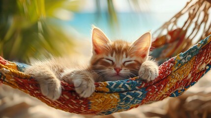 Poster -  Kitten peacefully napping in a hammock, eyes shut, head resting on hammock's end