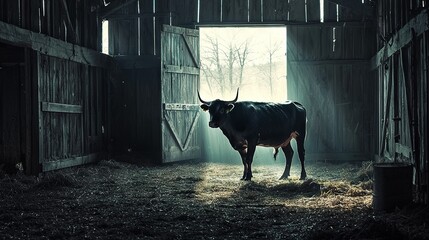 Canvas Print -   A cow stands inside a barn with light streaming through the door and another cow positioned centrally in the structure