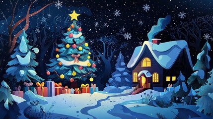 Poster -  A Christmas tree painting, featuring a lit-up tree in front of a house