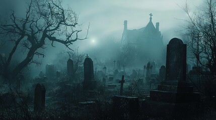 Poster -   Spooky graveyard with gothic church, and spooky cemetery in the foreground