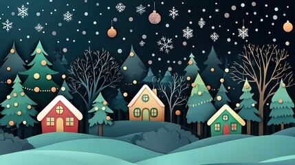 Wall Mural -   A wintery nightscape with houses adorned in snow and festive Christmas lights draped on trees, as snowflakes cascade gently from the cloudy sky above