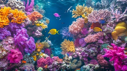 Vibrant coral reef, colorful fish swimming