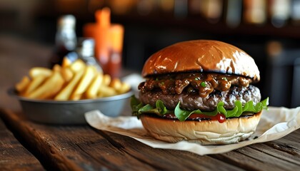 Rustic pub setting featuring a delicious beef burger on a wooden table