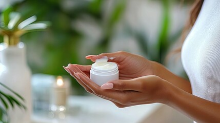 Woman's Hands Holding Open Jar of Skin Cream