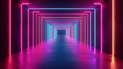 A futuristic hallway with glowing pink and blue neon lights.