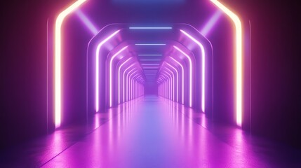 A futuristic, brightly lit hallway with neon lights.