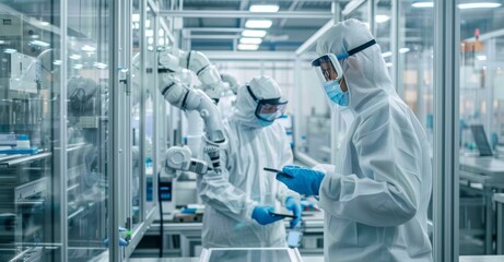 Industrial Scientists Wearing Disposable Protective Suits, Masks, and Goggles at a Production Plant. Specialist Using Tablet Computer, Analyzing Potential Work Hazards and Contamination at a Workplace