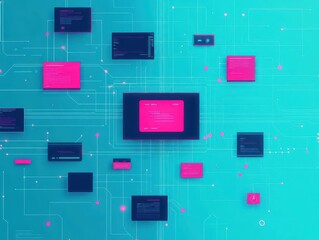 Poster - Data exchange between computers, seamless communication, flat design illustration