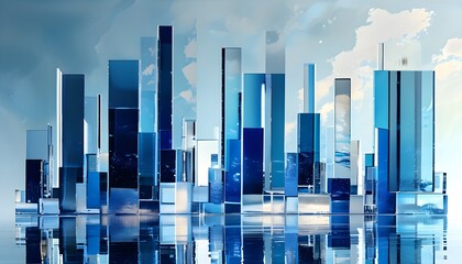 illusory blue urban cityscape resembling glass or crystal, featuring mesmerizing reflections on a se