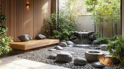 Wall Mural -   Japan garden with bench, water feature, rocks, & bamboo in room corner