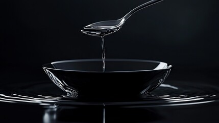 Poster -   Spoon pouring water into black-reflected bowl