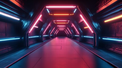 A futuristic hallway with glowing neon lights in pink, blue and orange.