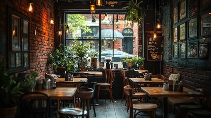 Canvas Print -  A restaurant with tables, chairs, and potted plants in front of a street view window