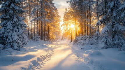 Wall Mural -   The sun shines through the trees on a snow-covered path in a snow-covered forest