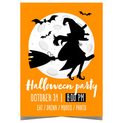 Wall Mural - Halloween party poster or banner with witch flying on her broom and bats against the full moon. Vector invitation for scary and horror event to celebrate the All Saints' Eve.