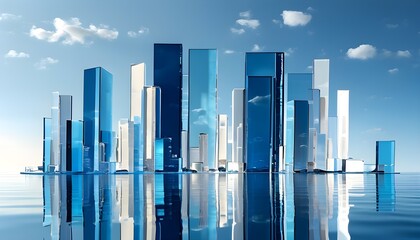 illusory blue urban cityscape resembling glass or crystal, featuring mesmerizing reflections on a se