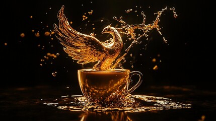 Wall Mural -   A golden bird splashes out of a coffee cup with water splashing out onto a black background