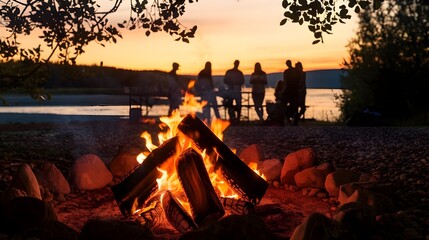 Campfire with Silhouettes of People at Sunset