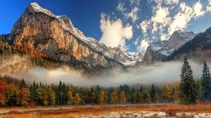 Poster -   A mountain range with trees in the foreground and clouds in the sky