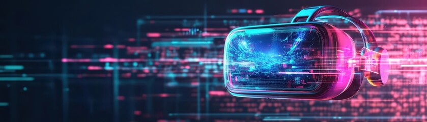 Aufkleber - A virtual reality headset showing holographic worlds under user control, Futuristic, Neon, Glowing lines, Hightech vibe, Vibrant colors