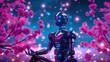 © AnyPic289 - A futuristic robot meditating amidst blossoming pink flowers, blending technology and nature in a serene atmosphere.