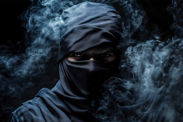 Creative portrait of ninja with covered face on black background with smoke flow effect.