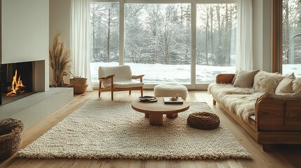 Poster -  Living room featuring sofa, armchair, coffee table, and fireplace Large bay window overlooks the landscape