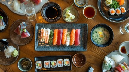 An overhead view of a sushi bar table with colorful rolls, nigiri, miso soup, and sake, offering a full traditional Japanese dining experience.