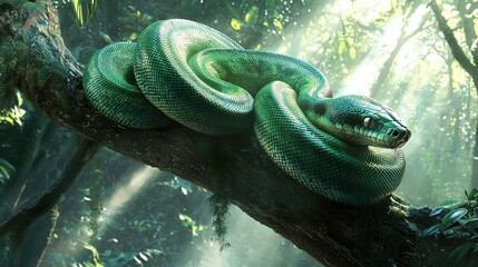 Canvas Print -   A green snake rests atop a tree branch amidst a dense forest, bathed in golden sunlight filtering through the canopy