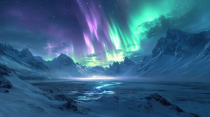 Wall Mural - a stunning panorama of mountains framed by a meandering river, illuminated by vibrant shades of gree