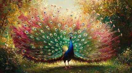 Sticker -   A peacock stands in a field of grass, its feathers spread and eyes open