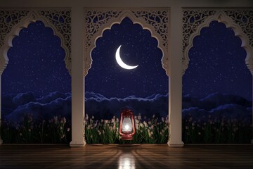 Ornate archway with intricate patterns, glowing lantern beneath crescent moon, starry sky